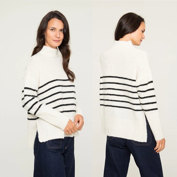 Alpaca Wool Mock Neck Sweater Ivory Black Stripe Sz S - Picture 2 of 8